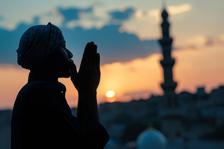 A person stands in front of a stunning sunset, praying with hands folded and head bowed, A call to prayer echoing in the city, AI Generatedの素材