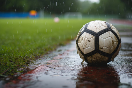 A soccer ball sits on top of a wet field, reflecting the raindrops on its surface, A close-up of a soccer ball on a rain-soaked field, AI Generatedの素材