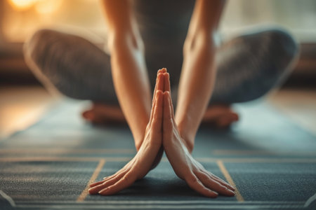 A person sits on a yoga mat with their legs crossed, engaging in a yoga pose and holding a calm and focused posture, A close up of hands and feet in a downward dog pose, AI Generatedの素材