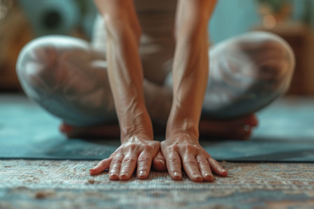 A person sits on a yoga mat with their hands placed firmly on the ground, A close up of hands and feet in a downward dog pose, AI Generatedの素材