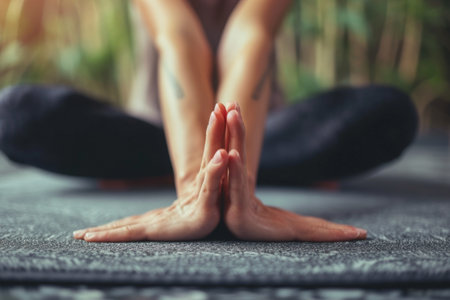 A person sits on a yoga mat, raising their hands in the air, A close up of hands and feet in a downward dog pose, AI Generatedの素材