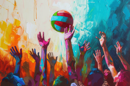 A painting capturing a group of people engaged in a lively game with a ball, A colorful painting of hands reaching up towards a volleyball during a match, AI Generatedの素材