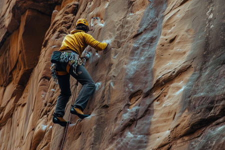 Man Climbing Up the Side of a Mountain, A climber in action, magnifying the special rock climbing gear and the intricate patterns of the rocks, AI Generatedの素材