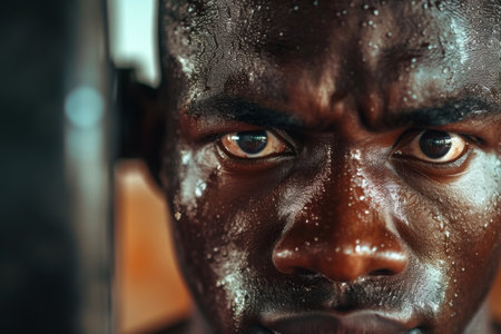 A detailed close up of a mans face covered in mud, showcasing the texture and intensity of the dirt, A closeup view of the grit and determination on a weightlifter's face, AI Generatedの素材
