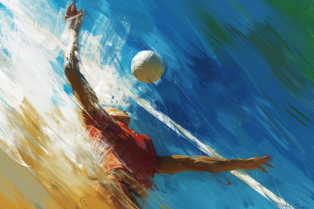 A realistic painting depicting a person in mid-air, reaching up to strike a ball with their hand, A close-up digital style painting of a high-speed volleyball spike, AI Generatedの素材