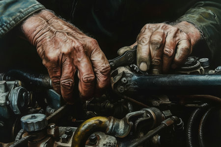 A Painting of a Man Working on a Car Engine, A close-up depiction of a mechanic's hands, tinkering with an engine, AI Generatedの素材