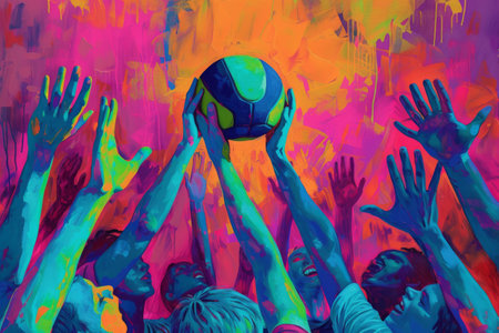 A painting depicting a group of individuals reaching out to catch a ball in mid-air, A colorful painting of hands reaching up towards a volleyball during a match, AI Generatedの素材