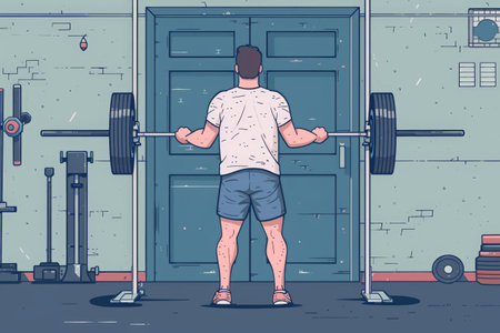 A man confidently stands in front of the gym door, holding a barbell in his hands, A comedic picturization of an ordinary citizen trying weightlifting for the first time, AI Generatedの素材