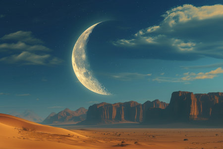 A desert landscape with a clear night sky featuring a visible half moon, A crescent moon over a tranquil desert, AI Generatedの素材