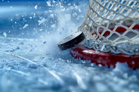A close-up photograph captures the details of a hockey net and a puck in action during a game, A detailed illustration of a hockey puck hitting the net at high speed, AI Generatedの素材