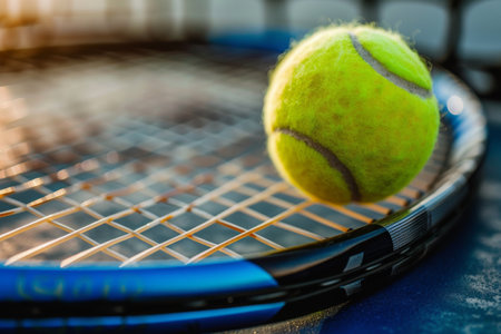 A close-up photo of a tennis racket with a yellow tennis ball resting on top of it, A detailed close-up of a tennis racquet and neon yellow ball, AI Generatedの素材
