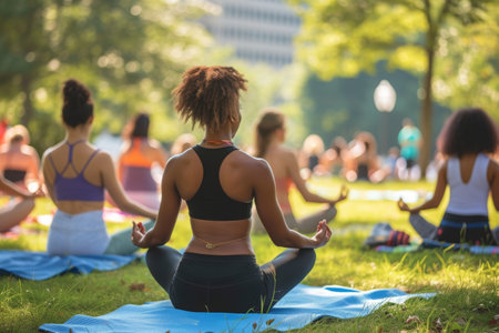 A group of women performing various yoga poses in a park, surrounded by trees and grassy fields, A diverse group of people practicing yoga in an urban park, AI Generatedの素材