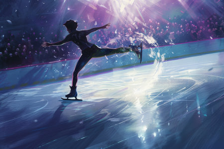 Figure Skating Performance on Ice Rink With Crowded Audience, A dynamic representation of a figure skater making a dramatic jump, the crowd cheering in the background, AI Generatedの素材