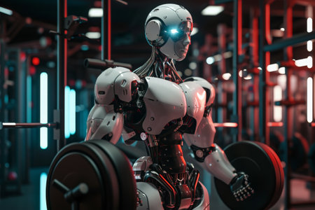 A robot in a gym is seen lifting a barbell with strength and precision, A futuristic concept of robotic weightlifting in a technologically advanced gym, AI Generatedの素材