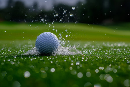 A golf ball is seen submerged in the water on a golf course, creating a challenge for the player, A golf ball landing on the green with a splash, AI Generatedの素材