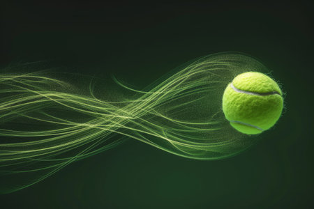 A tennis ball is captured at the moment of its powerful flight through the air during a game, A graphical representation showcasing the trajectory of a tennis ball in motion, AI Generatedの素材