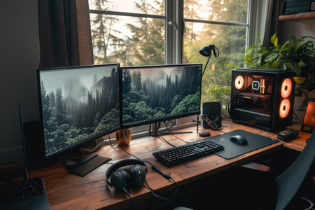 A computer desk featuring two monitors and a keyboard placed on top, ready for efficient and productive work, A home office setup including noise-cancelling headphones, AI Generatedの素材
