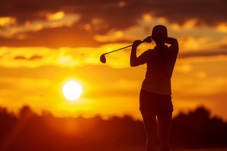 A stunning photo capturing the silhouette of a golfer playing against a colorful sunset backdrop, A lady golfer preparing for a swing against sunrise, AI Generatedの素材