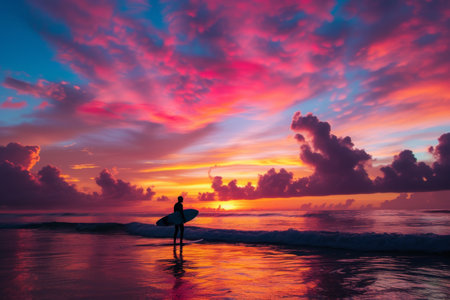 A person stands on a beach, holding a surfboard in their hands, A lone surfer silhouetted against a vivid, tropical sunrise, AI Generatedの素材