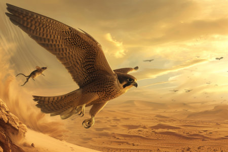 An acrylic painting capturing the image of a bird in flight over a barren desert landscape, A majestic falcon hunting a mouse in a vast desert, AI Generatedの素材