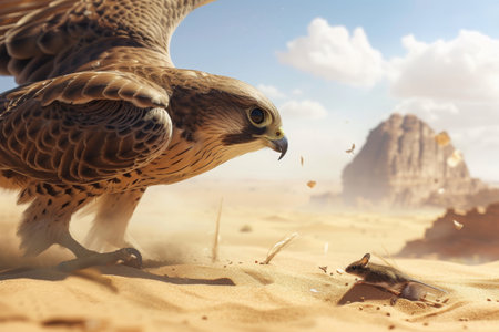 A highly skilled and predatory large bird, soaring through the desert landscape in search of its next meal, A majestic falcon hunting a mouse in a vast desert, AI Generatedの素材