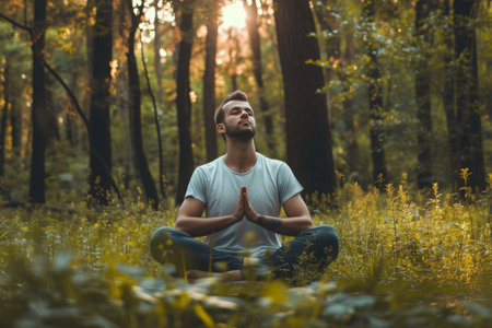A man sits in the middle of a forest, engaging in a yoga practice surrounded by trees and nature, A man meditating after a yoga session in a forest, AI Generatedの素材