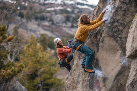 Two individuals are diligently ascending the steep surface of a mountain, A male and female climber working together to traverse a challenging boulder, AI Generatedの素材