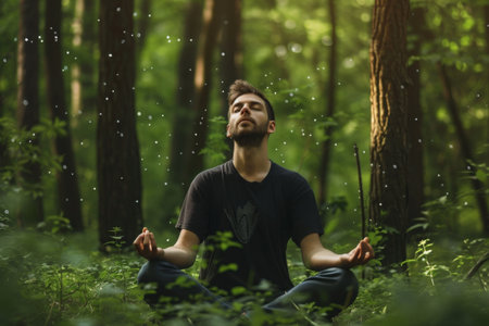 A man sits in meditation pose amidst a forest, with tall trees stretching into the background, A man meditating after a yoga session in a forest, AI Generatedの素材