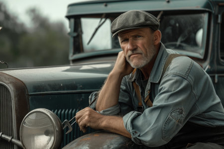 A man sitting on the hood of a car in an urban setting, enjoying the outdoors, A mechanic lost in thought, holding a wrench and leaning on a vintage car, AI Generatedの素材