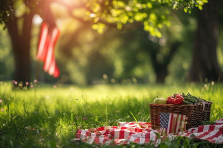 A Picnic in the Park With an American Flag, A memorial day picnic scene in a park with an American flag in the background, AI Generatedの素材