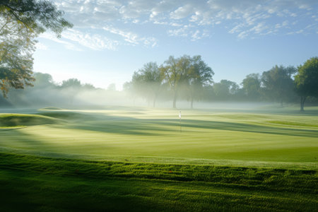On a sunny day, a foggy golf course emerges with its lush greens and golfers navigating through the misty atmosphere, A misty morning on a golf course with dew on the grass, AI Generatedの素材