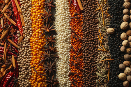 A Close Up of a Variety of Spices, A mesmerizing pattern of spices and pulses commonly used in Indian cooking, AI Generatedの素材