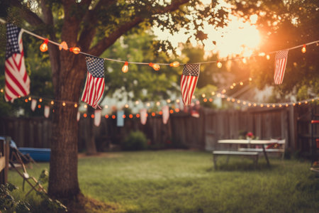 A backyard featuring a picnic table surrounded by American flags, A memorial day barbecue celebration in a backyard decorated with American flags, AI Generatedの素材