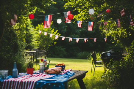 A picnic table covered in vibrant American flags, proudly displaying patriotism, A memorial day barbecue celebration in a backyard decorated with American flags, AI Generatedの素材