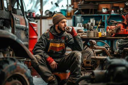 A man is seen sitting on a wooden stool in a cluttered garage, surrounded by tools and equipment, A mechanic taking a break, relaxing and drinking coffee amidst car parts, AI Generatedの素材
