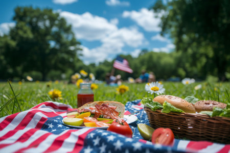 A picnic blanket featuring a basket of food and various culinary items spread out on it, A memorial day picnic scene in a park with an American flag in the background, AI Generatedの素材