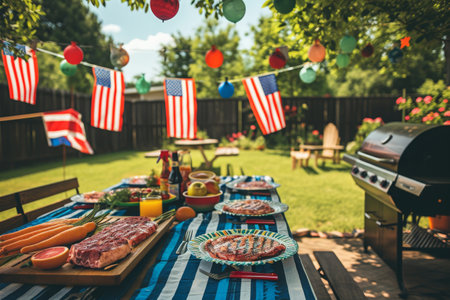 An outdoor barbecue featuring a grill, plates of food, and American flags displayed, A memorial day barbecue celebration in a backyard decorated with American flags, AI Generatedの素材