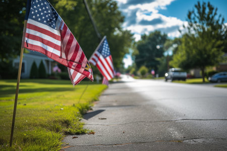 A line of American flags displayed along the roadside, evoking a sense of patriotism and national pride, American flags lining a peaceful suburban street on Memorial Day, AI Generatedの素材