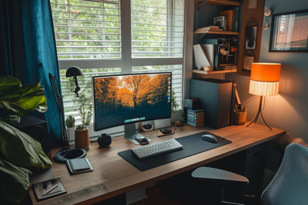 A desk with a computer and a lamp, providing a workspace for productivity and illumination, A modern and trendy home office setup, AI Generatedの素材