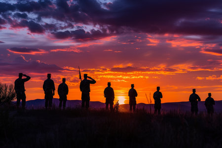 A group of individuals standing on the grass covered field, enjoying the view and engaging in conversation, A military salute in front of a Memorial Day dawn, AI Generatedの素材