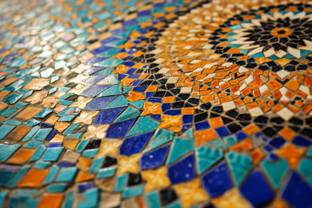A detailed close up view of a vibrant and intricately designed mosaic tile, A mosaic of tiles in an Islamic art display, AI Generatedの素材