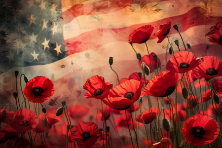 A vibrant painting featuring red poppies placed in front of an American flag, An abstract depiction of Memorial Day with red poppies and the American flag, AI Generatedの素材