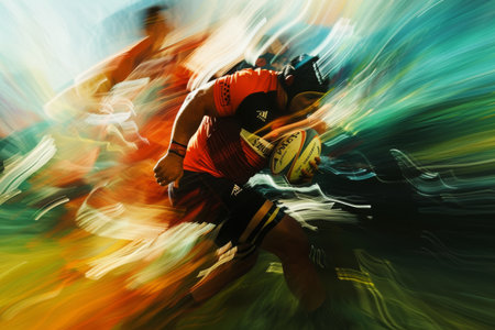 A dynamic painting capturing the action of a rugby player running with the ball in a sports game, An abstract representation of the energy, passion, and dynamism in a rugby field, AI Generatedの素材