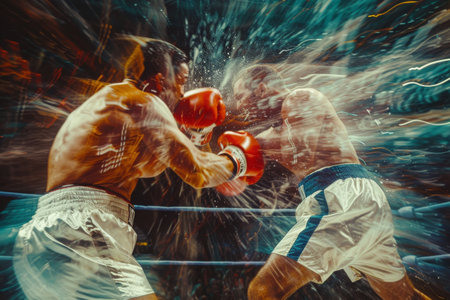 A painting depicting two men engaged in a intense boxing match within a ring, An abstract representation of the energy and intensity in a boxing ring, AI Generatedの素材