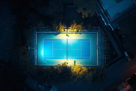 An overhead perspective capturing the illuminated tennis court during a nighttime match, An aerial view of a brightly lit tennis court at night, AI Generatedの素材