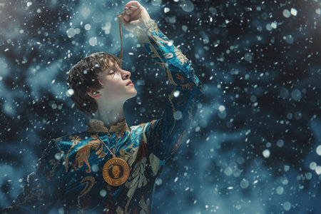 Woman in Blue Dress Holding Umbrella in the Snow, An atmospheric image of a winning figure skater gracefully posing with a gold medal against a snowy backdrop, AI Generatedの素材