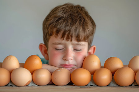 A young boy stands attentively while looking at a collection of eggs placed in front of him on a table, An educational poster that identifies the symptoms of a severe egg allergy, AI Generatedの素材