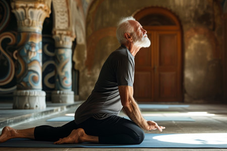 A man is sitting on a yoga mat placed in the center of a room, An elderly man doing a complex yoga pose, AI Generatedの素材