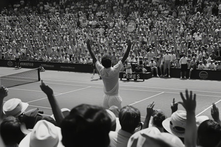 A Crowd of People Watching a Tennis Match, An iconic moment in Tennis history; a championship point win, with the crowd on their feet, AI Generatedの素材