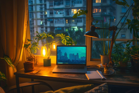 A laptop computer is placed on top of a sturdy wooden desk, An idyllic setup of a work from home area, AI Generatedの素材